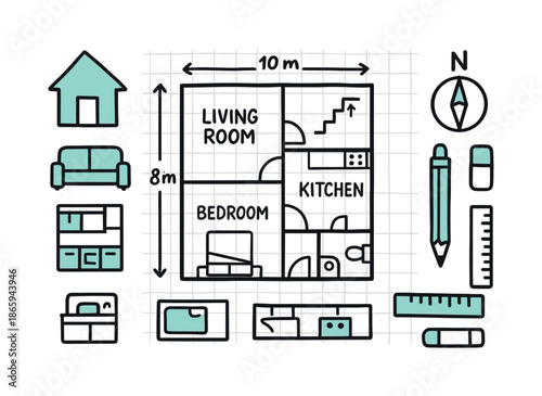 Accented Floor Plan. House floor plan. Hand-drawn doodle illustration house floor plan [simple house outline (accented), grid floor plan rectangle (accented),