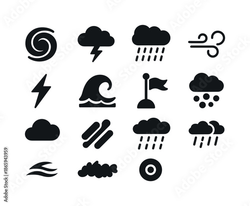 Storm Icons Collection. Storm Phenomena. Solid icon set of Storm Phenomena: hurricane spiral, thundercloud, heavy rain, wind gust, lightning strike, storm