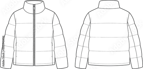 Flat vector illustration, technical puffer jacket sketch, oversized hooded design, front and back view, fashion template, garment blueprint