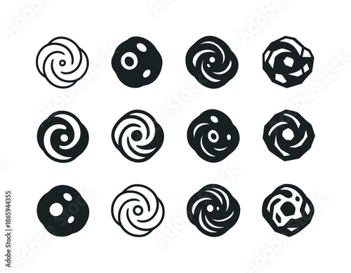 Asteroid Icon Collection. Asteroids. Icon set. Set Logo of Asteroids: rotating asteroid shape. harmonious logo variations of the same emblematic concept, each