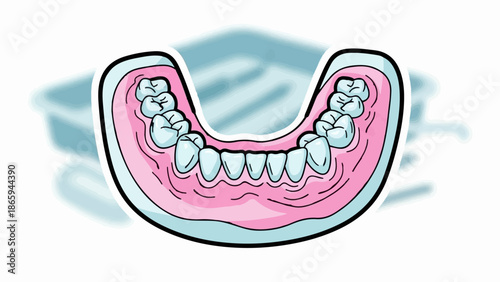 Stylized illustration of a human dental arch with upper and lower artificial teeth