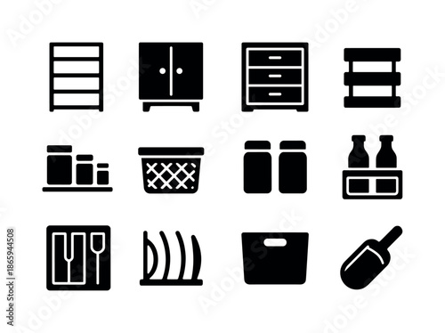 Kitchen Storage Icons. Kitchen storage system. Solid icon set of Kitchen storage system: pantry shelf, cabinet, drawer, rack, container set, basket, spice jar,