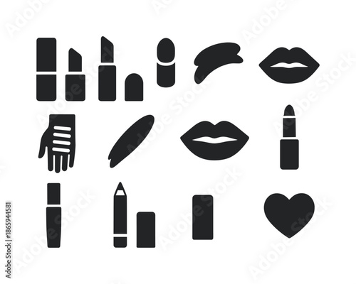 Lipstick Icon Set. Lipstick tube with swatches. Solid icon set of Lipstick tube with swatches: closed lipstick tube, open lipstick tube, lipstick bullet top