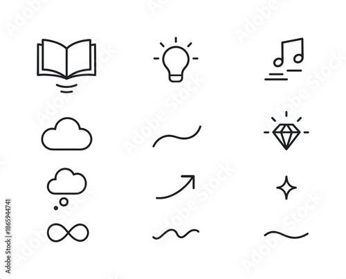 Floating Knowledge Icons. Floating knowledge. Line icon set of floating knowledge: levitating book, airy idea, drifting notes, cloud symbol, concept line,