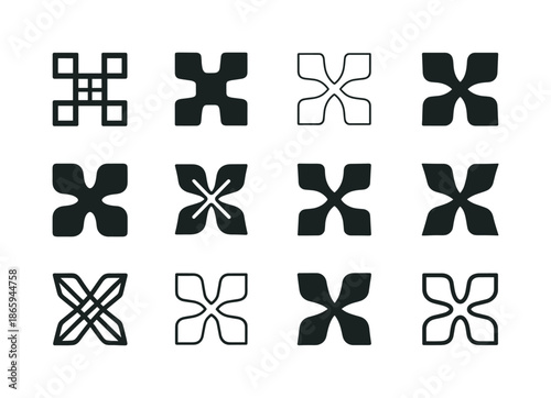 Kinetic Typography Icons. Kinetic Typography. Icon set. Set Logo of Kinetic Typography: expanding letter grid. harmonious logo variations of the same
