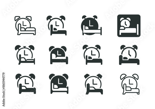 Alarm Clock Icons. Alarm Clock Set for the Morning Next to the Bed. Icon set. Set Logo of Alarm Clock Next to Bed: alarm clock with cozy bed outline.