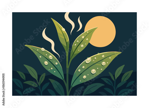 Dewy Tea Leaves. Dewy tea leaves. Fresh tea sprigs coated in tiny droplets; aroma waves rising gently. Warm sun glints adding lively highlights. Modern flat