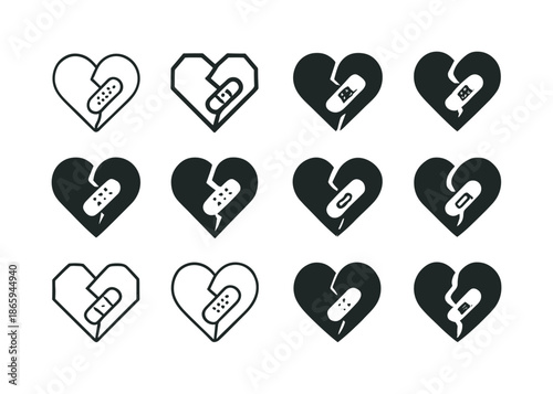 Broken Heart Emblems. The Emotional Impact of Being Alone in Hard Times. Icon set. Set Logo of The Emotional Impact of Being Alone in Hard Times: broken heart