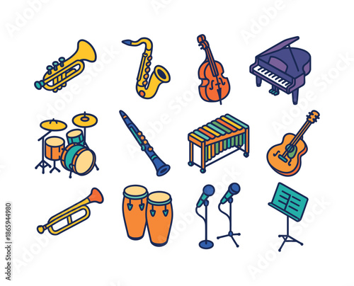 Colorful Jazz Instrument Icons. Jazz instruments. Colorful isometric vector icons set of Jazz instruments: trumpet, saxophone, upright bass, grand piano, jazz