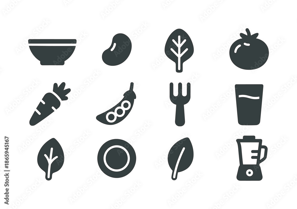 Obraz premium Plant-Based Diet Icons. Plant-Based Diet. Solid icon set of plant-based diet: bowl, bean, lentil, spinach leaf, tomato, carrot, peas, fork, water glass, leaf,