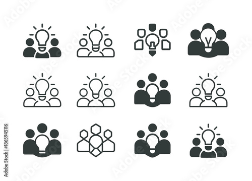 Group Logo Variations. Group activities. Icon set. Set Logo of Group activities: shared lightbulb idea. harmonious logo variations of the same emblematic