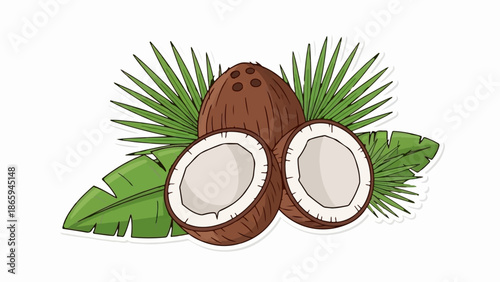 Whole and halved coconuts with green tropical leaves on a white background