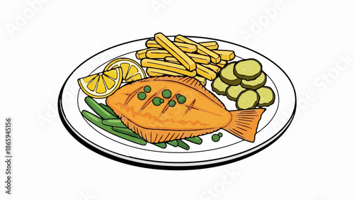 Wholesome plate of grilled fish, crispy fries, green beans, sliced pickles, and lemon wedges