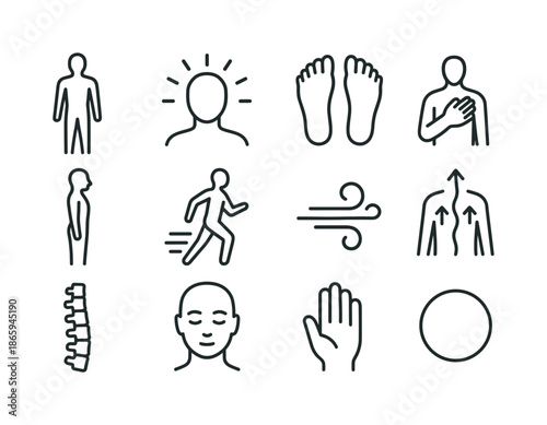 Embodiment Line Icons. Embodiment. Line icon set of embodiment: body outline, awareness rays, grounding feet, hand on heart, posture, movement lines, breath