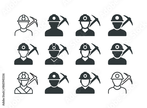 Mining Icon Set. Underground Mining Techniques. Icon set. Set Logo of Underground Mining Techniques: miner with helmet and pickaxe. harmonious logo variations
