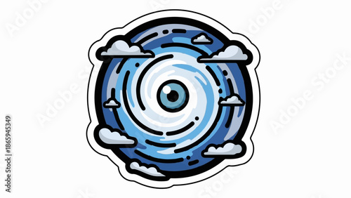 Stylized depiction of a hurricane's eye with swirling blue clouds and scattered fluffy white clouds