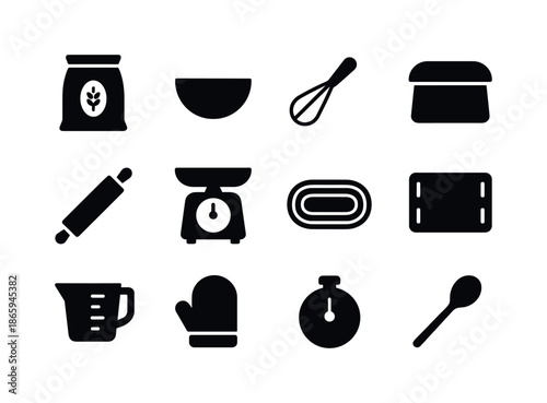 Bakery Essentials Icons. Bakery Essentials. Solid icon set of Bakery Essentials: flour bag, mixing bowl, whisk, dough scraper, rolling pin, kitchen scale,