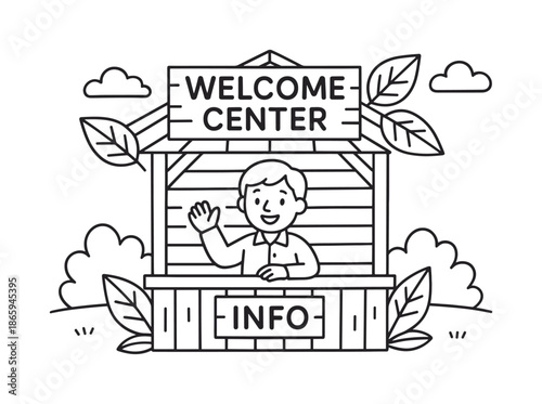 Eco-Resort Coloring Fun. Eco-resort welcome center children?s coloring book illustration, outlined drawing, a simple wooden info hut with leaf decorations and