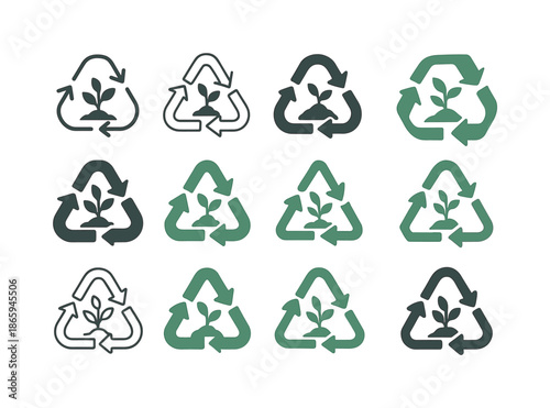 Composting Icons Showcase. Composting. Icon set. Set Logo of Composting: nutrient cycle arrows. harmonious logo variations of the same emblematic concept, each