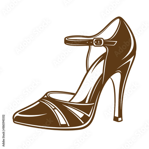Brown high heel shoe with strap and buckle isolated on white background