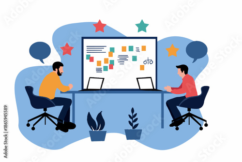 Modern flat illustration of a business meeting and team collaboration concept, Suitable for business presentations, websites, landing pages, marketing materials, office culture visuals, educational