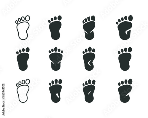 Giant Footprint Logos. Tales of giants. Icon set. Set Logo of Tales of giants: giant footprint. harmonious logo variations of the same emblematic concept, each