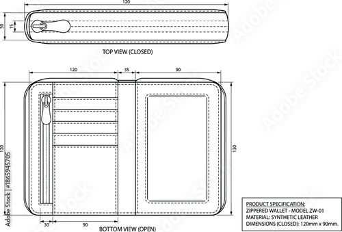 Flat vector illustration, technical wallet sketch, zippered design, synthetic leather, fashion accessory template, product specification, multi-view blueprint
