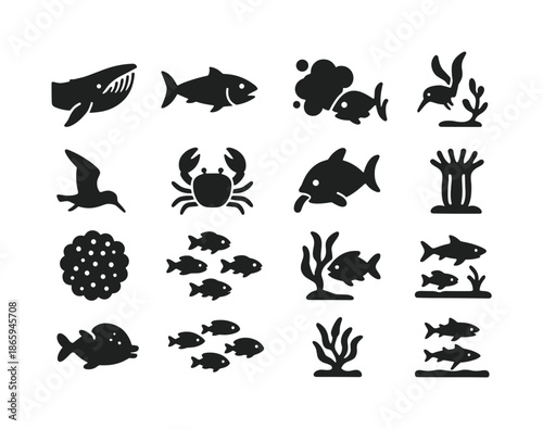 Aquatic Feeding Icons. Aquatic feeding habits. Solid icon set of Aquatic feeding habits: filter feeding whale, fish predator, plankton cloud, algae grazer,