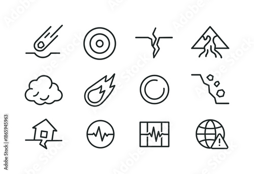 Extreme Earth Icon Set. Extreme earth events. Line icon set of extreme earth events: meteor impact, shockwave ring, ground rupture, lava flow, dust storm,
