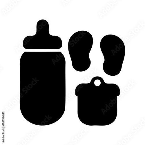 Monochrome graphic of baby bottle, booties and bib for baby products