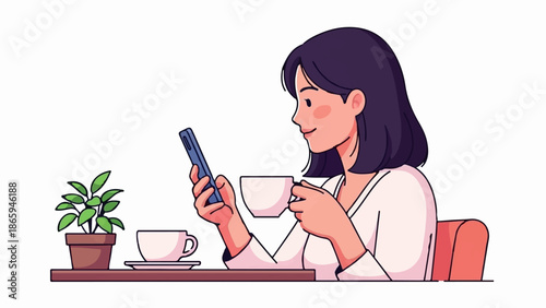 Woman holding coffee cup and phone, sitting by a plant