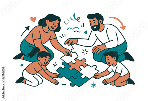 Family Puzzle Time. Family teamwork and cooperation. A family builds a puzzle together on the living room floor, each person placing a piece with a smile.