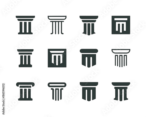 Liability Logo Variations. Liability. Icon set. Set Logo of Liability: courthouse column. harmonious logo variations of the same emblematic concept, each with