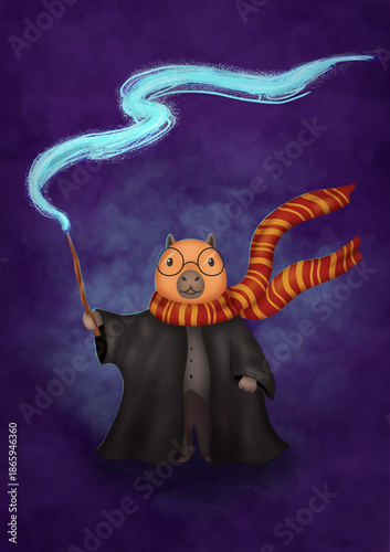 Capybara wearing glasses and a scarf holds a magic wand in a colorful setting