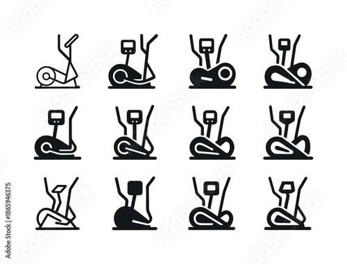 Elliptical Machine Icons. Elliptical machine. Icon set. Set Logo of elliptical machine: digital display panel. harmonious logo variations of the same