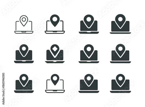 Remote Work Icons. Remote work revolution post-pandemic. Icon set. Set Logo of Remote work revolution post-pandemic: digital nomad laptop + location pin.