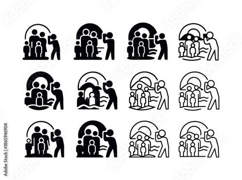 Family Vacation Icons. taking a family vacation photo. Icon set. Set Logo of taking a family vacation photo: family group shot on beach. harmonious logo