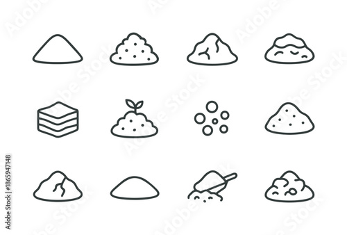 Soil Mound Icons. Soil mounds. Line icon set of Soil mounds: fine soil mound, clumped soil mound, dry soil mound, wet soil mound, layered soil, nutrient soil