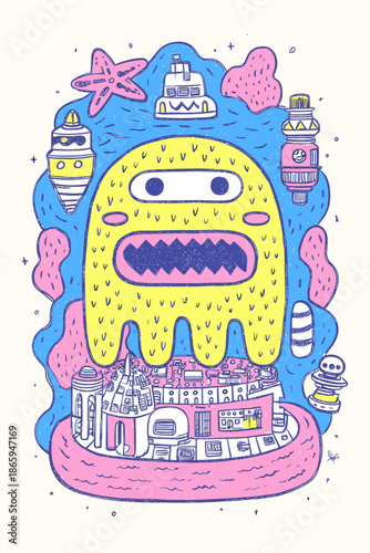 Colorful Cartoon Submarine with Underwater Elements