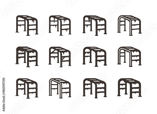 Dilapidated Playground Icons. Dilapidated playground. Icon set. Set Logo of Dilapidated playground: rusted monkey bars. harmonious logo variations of the same