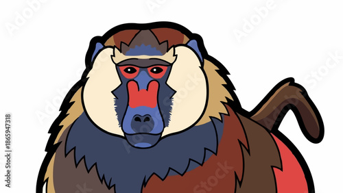 Stylized primate portrait with vivid blue, red, and tan facial features and colorful fur