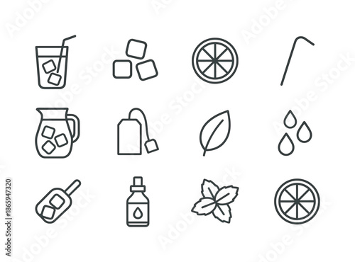 Iced Tea Line Icons. Iced tea. Line icon set of iced tea: tall glass, ice cubes, lemon slice, straw, pitcher, tea bag, leaf, cold droplets, ice scoop, sugar