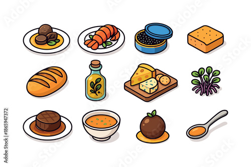 Gourmet Icons Collection. Gourmet cuisine. Colorful isometric vector icons set of gourmet cuisine: truffle dish, lobster tail plate, caviar tin, foie gras