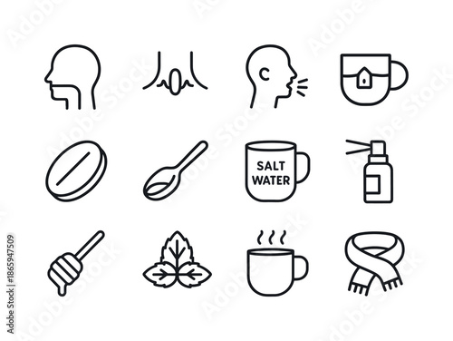 Cough Relief Icons. Cough & Throat Care. Line icon set of Cough & Throat Care: throat diagram, sore throat wave, cough puff, herbal tea, lozenge, spoonful,