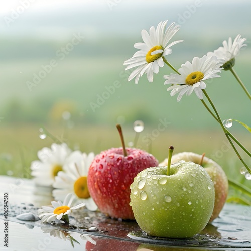 Daisies and apples with rain reflections, clean composition, beautiful background