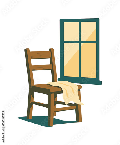 Rustic Chair Serenity. Rustic chair by window. A simple wooden chair catches gentle daylight, fabric on the seat fluttering slightly. Warm rays add peaceful