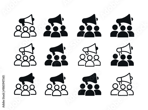 Union Logo Variations. Workers? union meeting. Icon set. Set Logo of workers? union meeting: megaphone voice icon. harmonious logo variations of the same