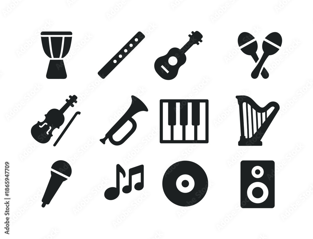 Fototapeta premium World Music Icons. World music. Solid icon set of World music: drum, flute, guitar, maracas, violin, traditional horn, piano keys, harp, microphone, music