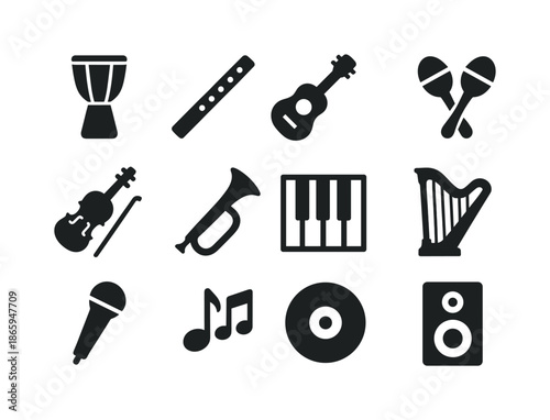 World Music Icons. World music. Solid icon set of World music: drum, flute, guitar, maracas, violin, traditional horn, piano keys, harp, microphone, music