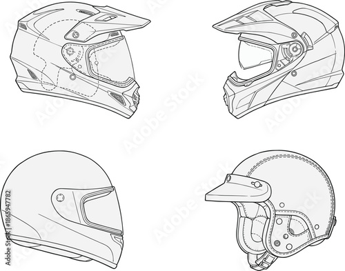 Motorcycle helmet technical sketch set, safety gear blueprint, full-face and open-face design, black and white vector illustration